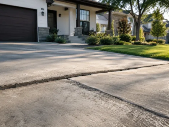 Uneven concrete driveway with a sunken slab outside a modern suburban home