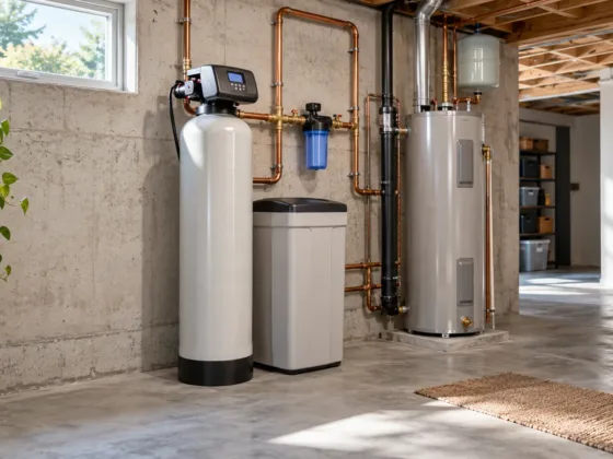 A modern whole-home water softener system installed alongside copper plumbing lines in a clean residential utility room