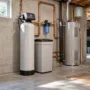 A modern whole-home water softener system installed alongside copper plumbing lines in a clean residential utility room