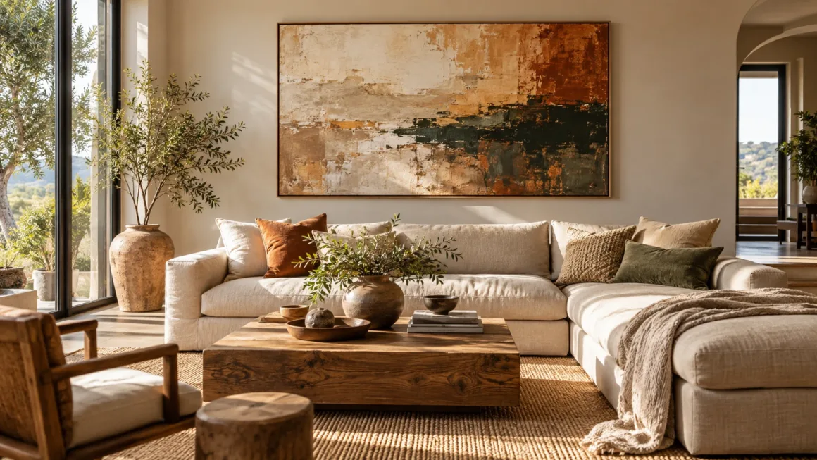 A prominent, well-proportioned abstract painting hung above a sofa in a sunlit modern living room with lots of negative space.