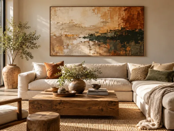 A prominent, well-proportioned abstract painting hung above a sofa in a sunlit modern living room with lots of negative space.