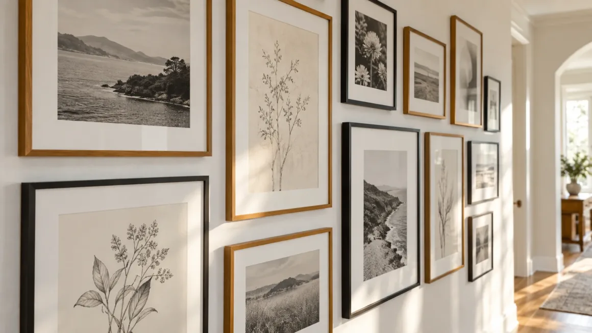 A meticulously arranged gallery wall showing perfectly consistent spacing between various black frames