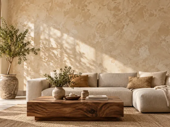A modern living room featuring a warm beige limewash textured wall paired with a natural linen sofa and walnut wood furniture