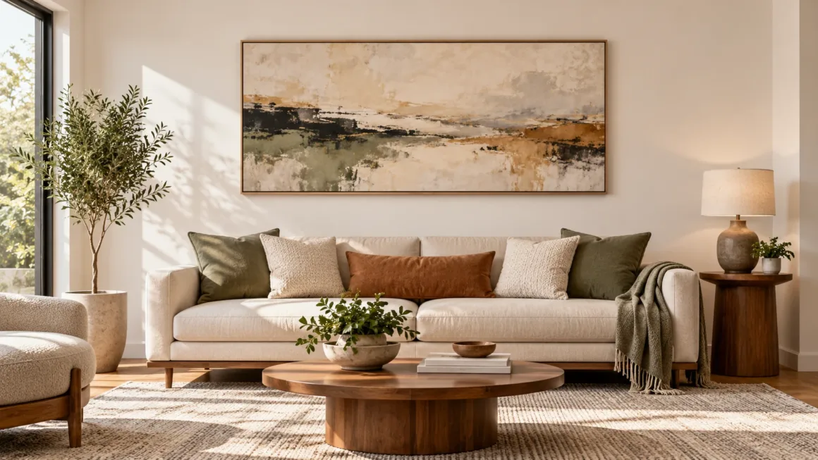 A properly scaled large canvas artwork hung centered above a modern living room sofa