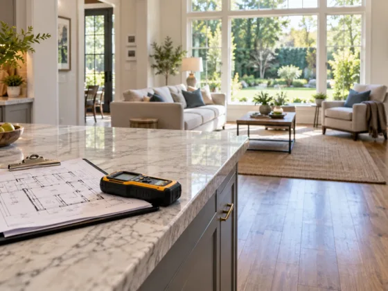 Architectural blueprints and a digital measuring tool on a kitchen island during a property inspection walk-through
