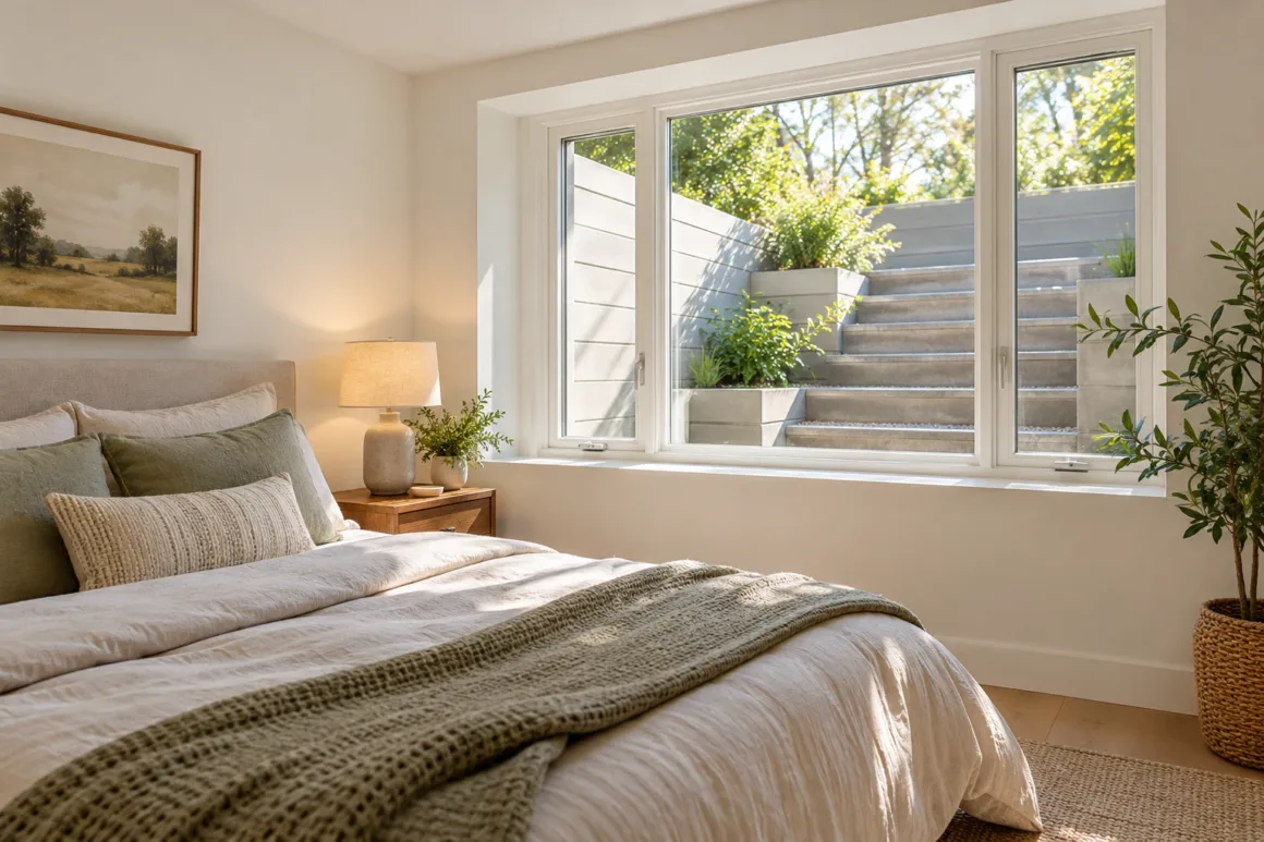 A large modern casement egress window letting bright natural sunlight into a finished basement bedroom