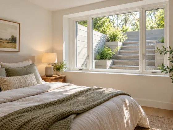 A large modern casement egress window letting bright natural sunlight into a finished basement bedroom