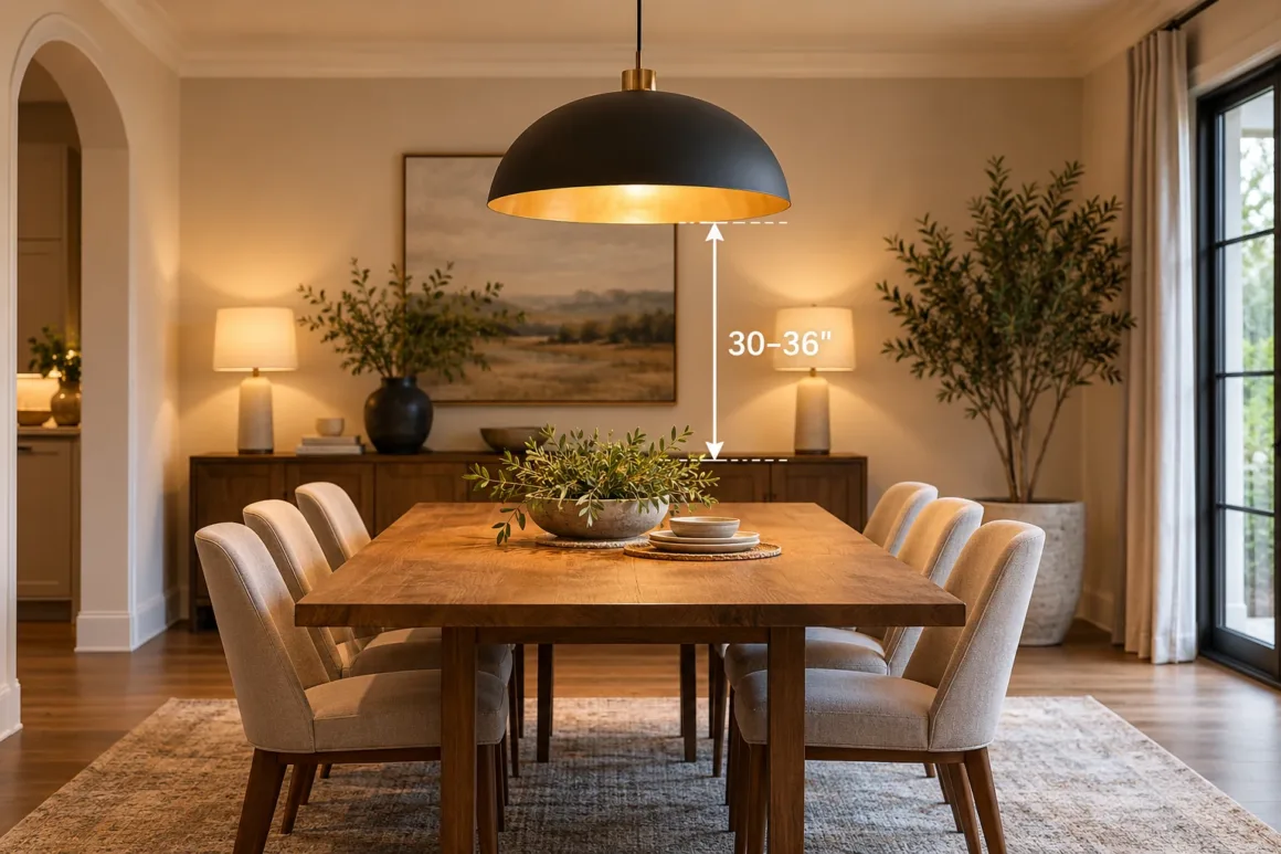Visual guide demonstrating the correct 30 to 36-inch hanging height for a dining room pendant light.