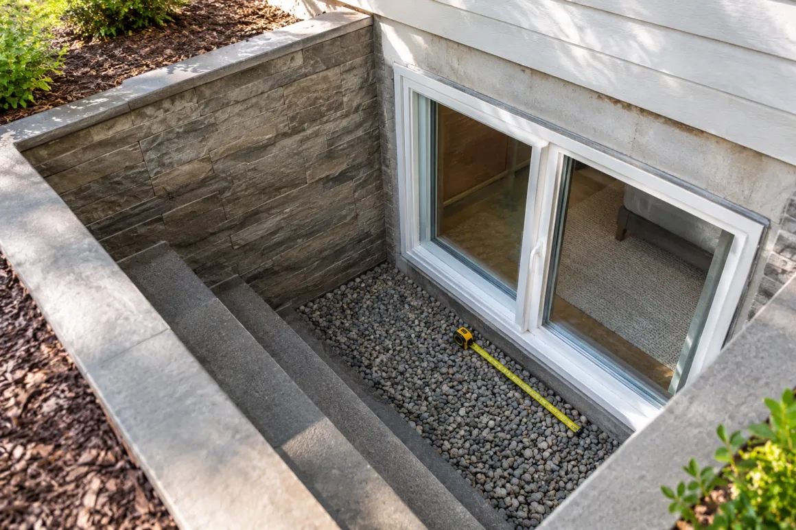 A clean composite egress window well with terraced steps and a yellow measuring tape resting on drainage gravel