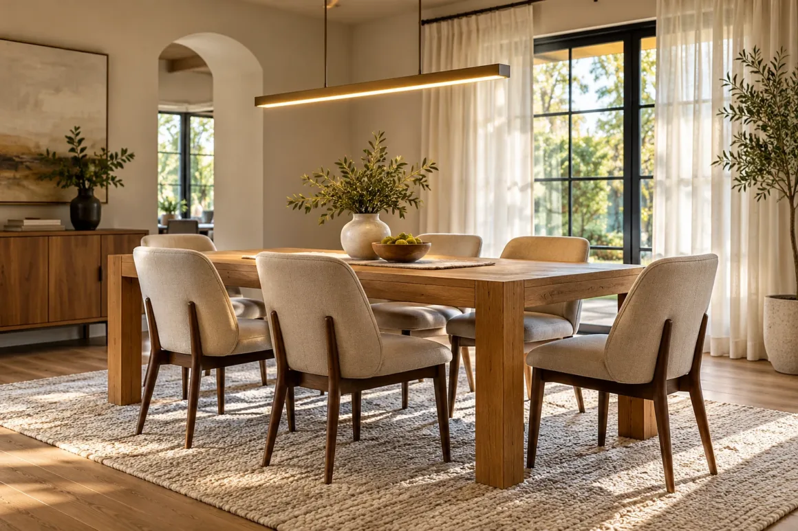 A beautifully styled timber dining table illuminated by a warm linear chandelier in an elegant dining room.