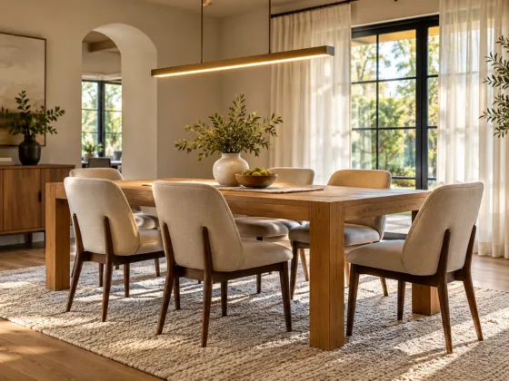 A beautifully styled timber dining table illuminated by a warm linear chandelier in an elegant dining room.