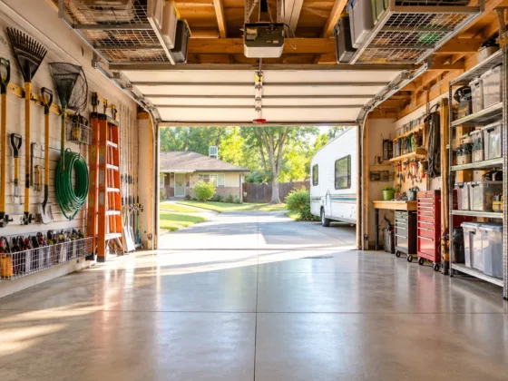 An organized residential garage featuring wall-mounted slatwall racks, clear plastic storage totes on industrial shelves, and overhead ceiling racks