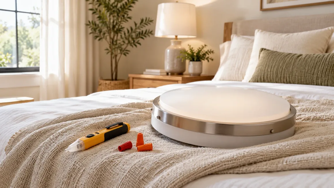A new LED ceiling fixture and a non-contact voltage tester resting on a bedroom bed before installation