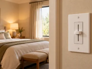 A modern LED-compatible wall dimmer switch installed in a softly lit residential bedroom