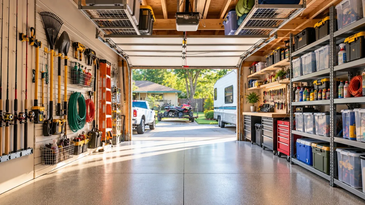 A fully organized residential garage workshop featuring wall-mounted slatwall storage, clear plastic totes on industrial shelving, overhead racks, and a clean concrete floor