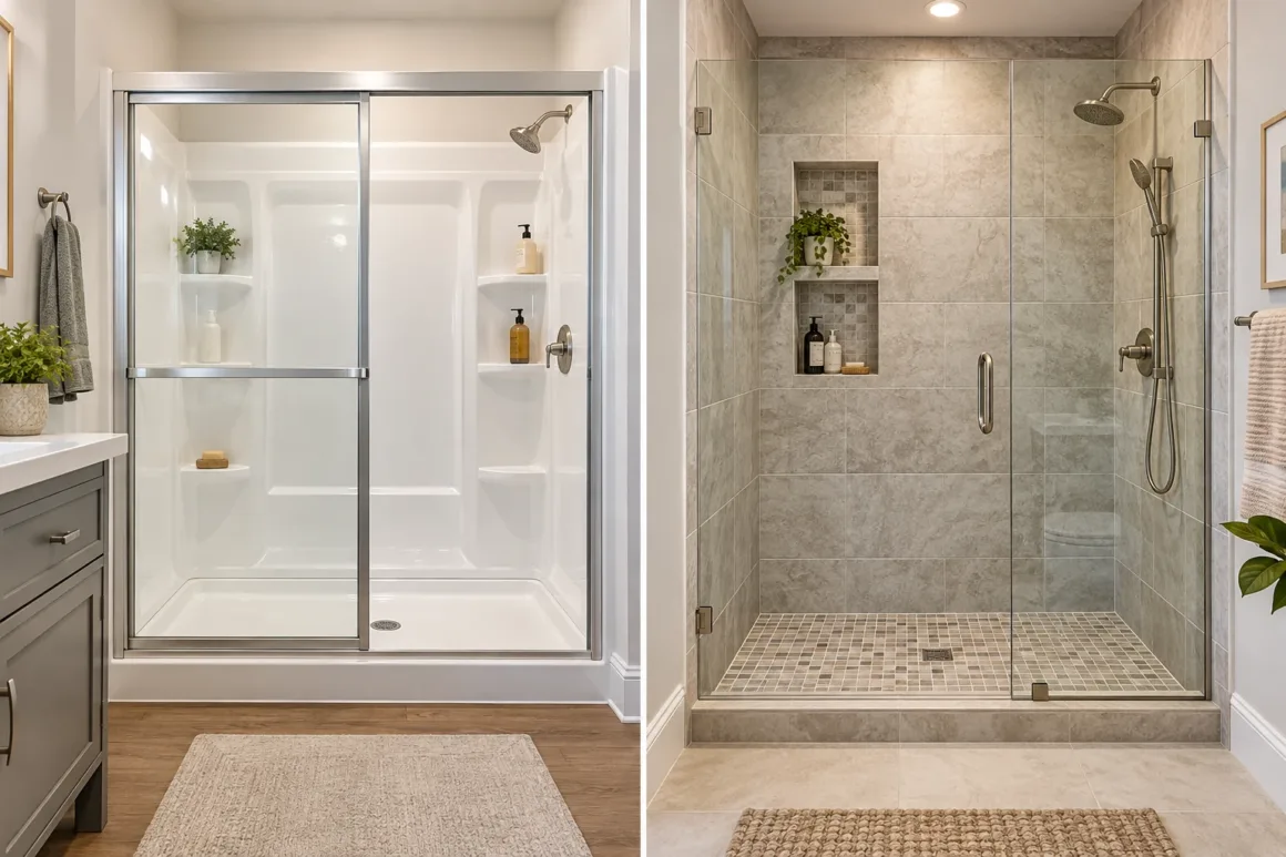 Visual comparison of a prefabricated acrylic shower kit versus a custom tiled walk-in shower enclosure.