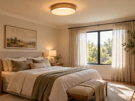 A modern bedroom illuminated by a warm LED flush-mount ceiling fixture and natural daylight