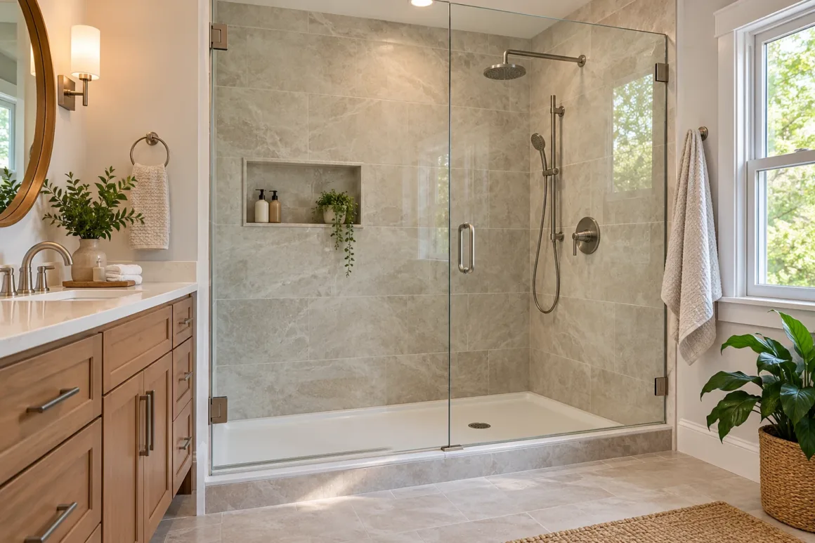 A modern walk-in shower with custom tile and frameless glass that replaced a standard residential bathtub.