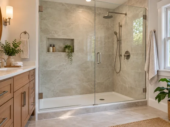 A modern walk-in shower with custom tile and frameless glass that replaced a standard residential bathtub.